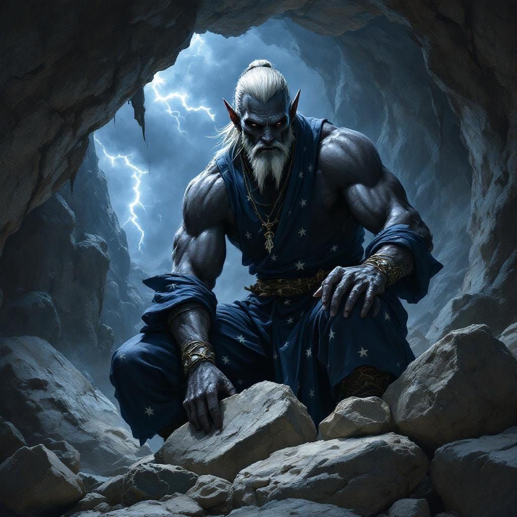 Powerful Drow Elf Wizard Lifts Heavy Stones