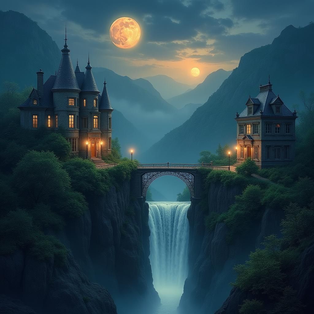 Mystical Mansions Under a Dual-Moonlit Sky