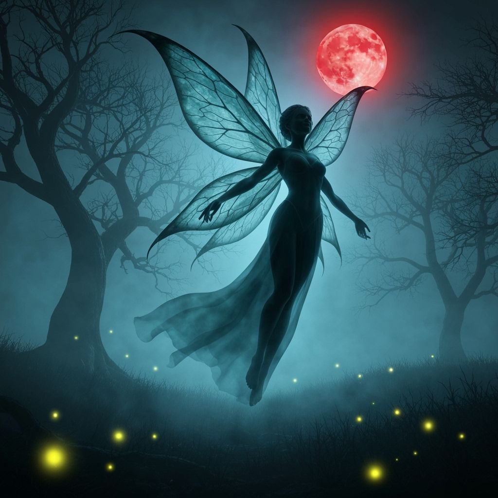 Spectral Fairy in Haunted Forest Under Red Moon