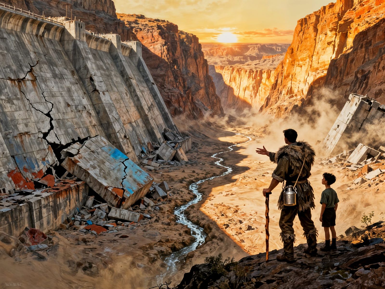 Post-Apocalyptic Canyon Dam Ruins with Father and Son