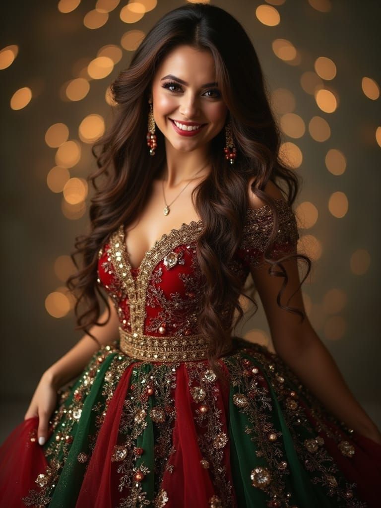 Woman in Elegant Christmas Gown with Holiday Colors