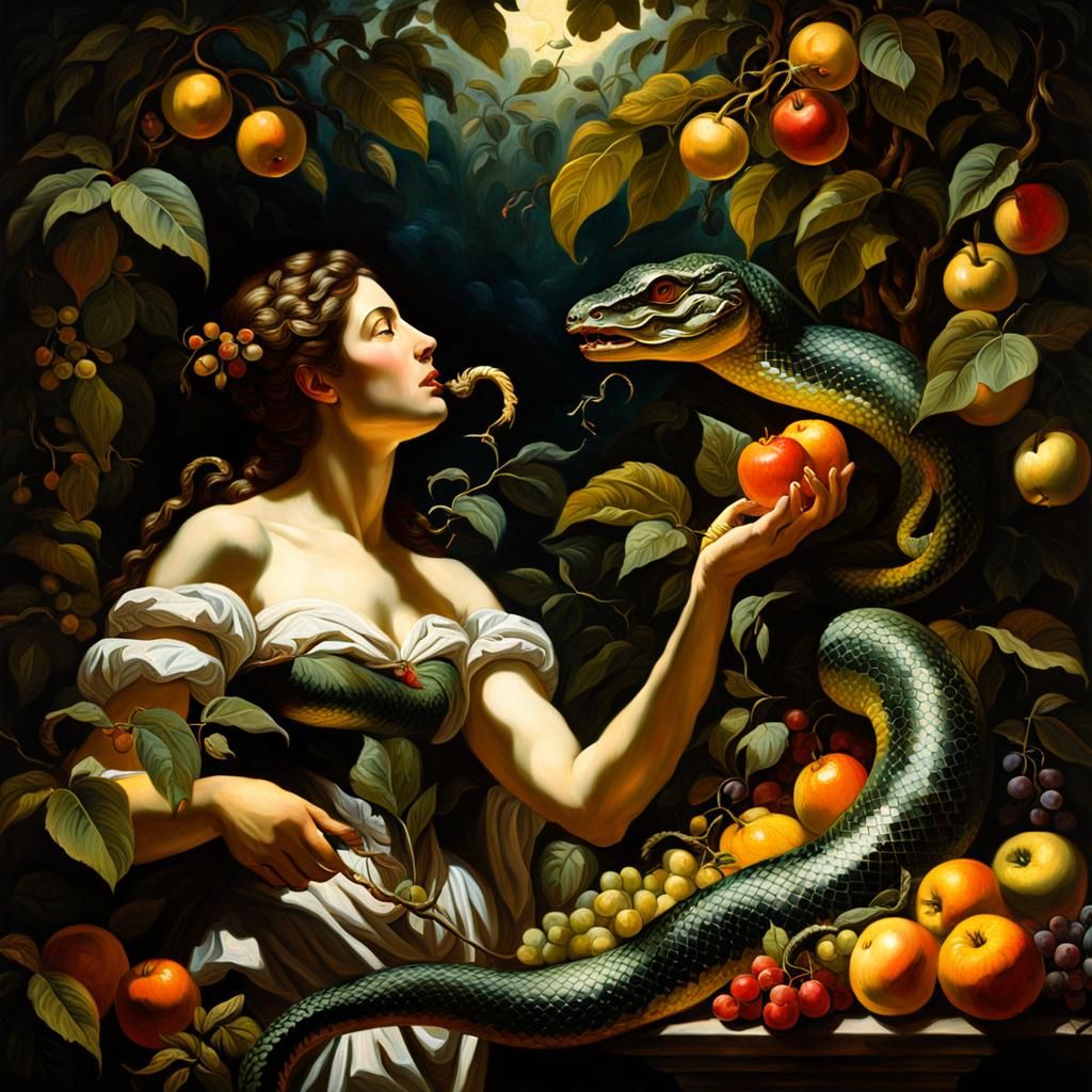 Eve Tempted: A Baroque Painting of Forbidden Fruit