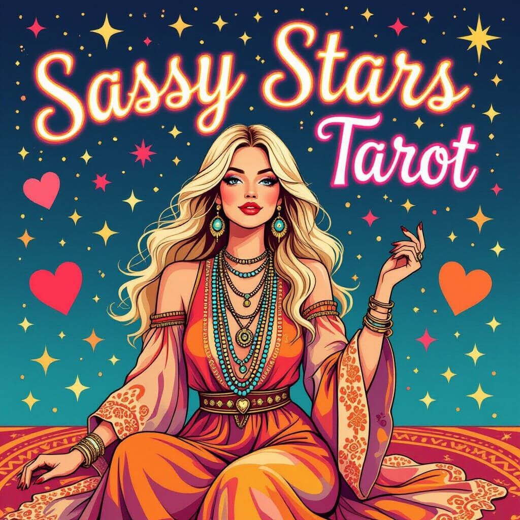 Blonde Fortune Teller with "Sassy Stars Tarot" in 70s Style