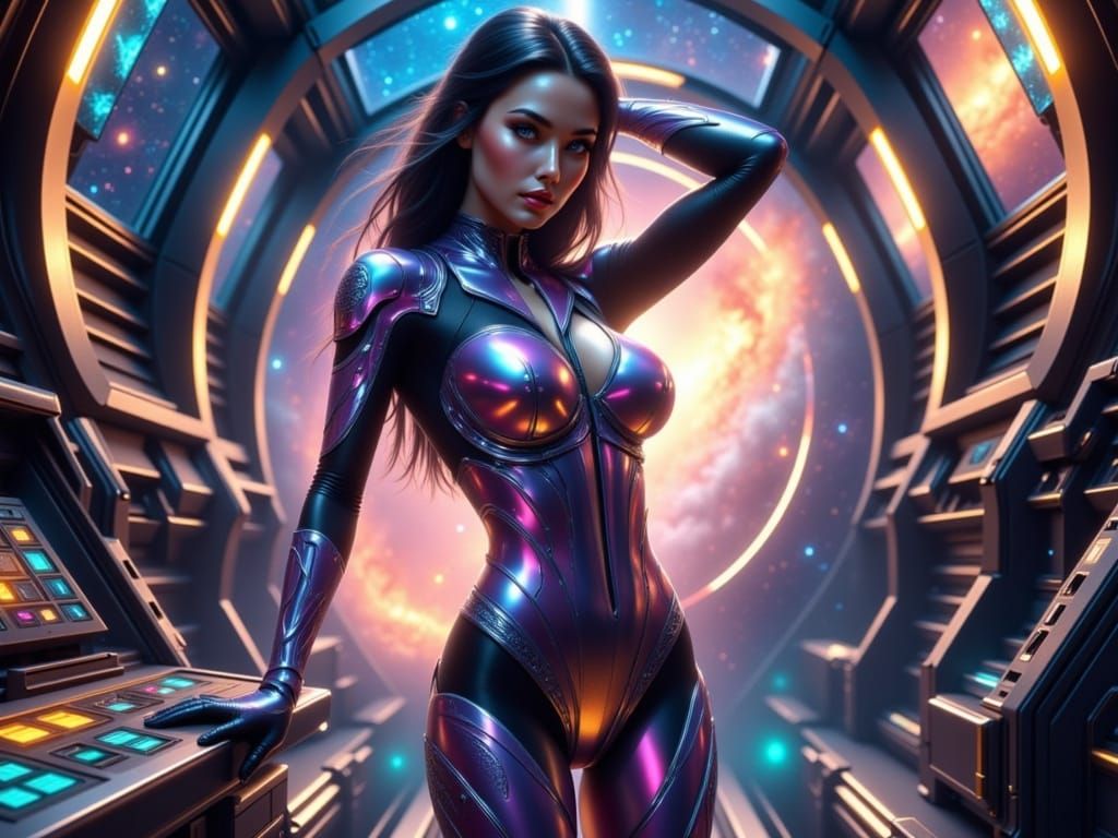 Glowing Female Astronaut in Futuristic Spacesuit