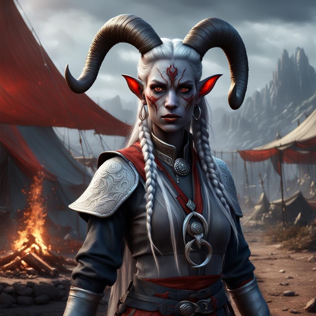 Tiefling with Silver Hair and Ram Horns