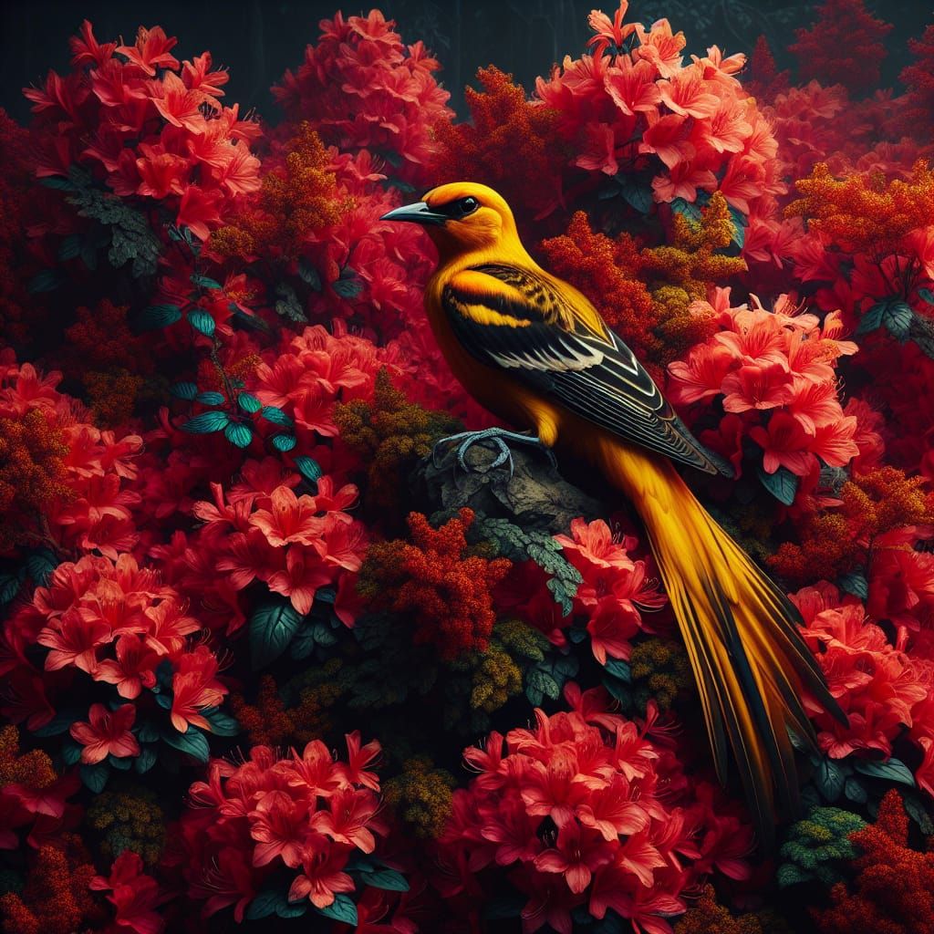 Vibrant Eurasian Golden Oriole Amidst Radiant Red Azaleas