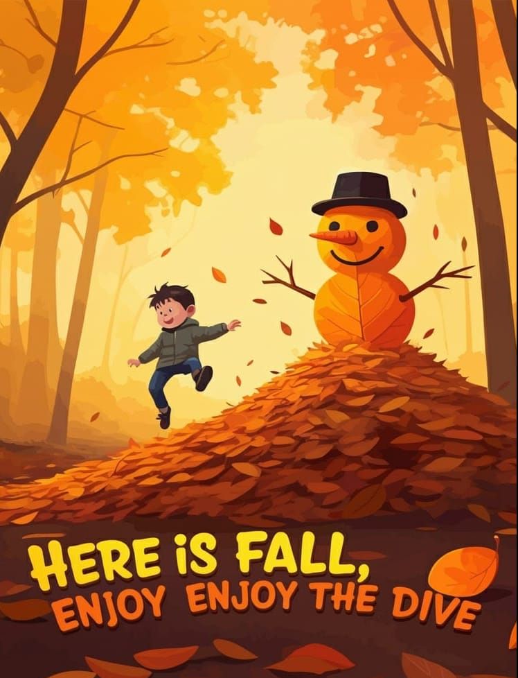 Surreal Leaf Snowman in Autumn Forest Graphic