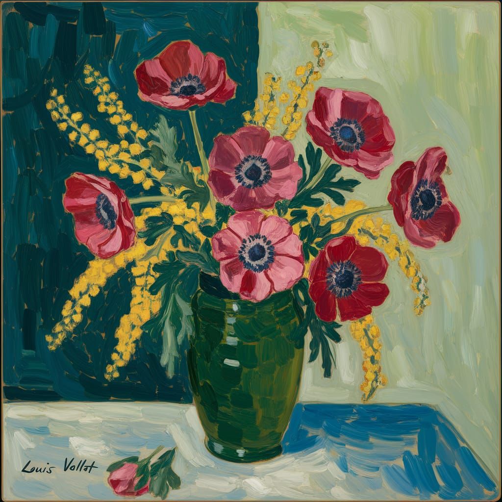 Anemones and Mimosa in a green vase