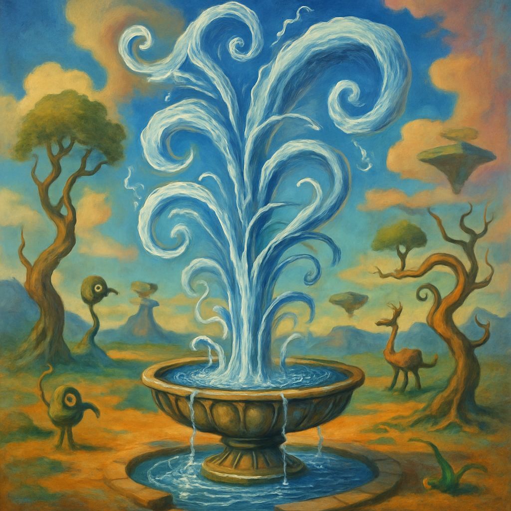 Surreal Fountain in Dreamlike Landscape