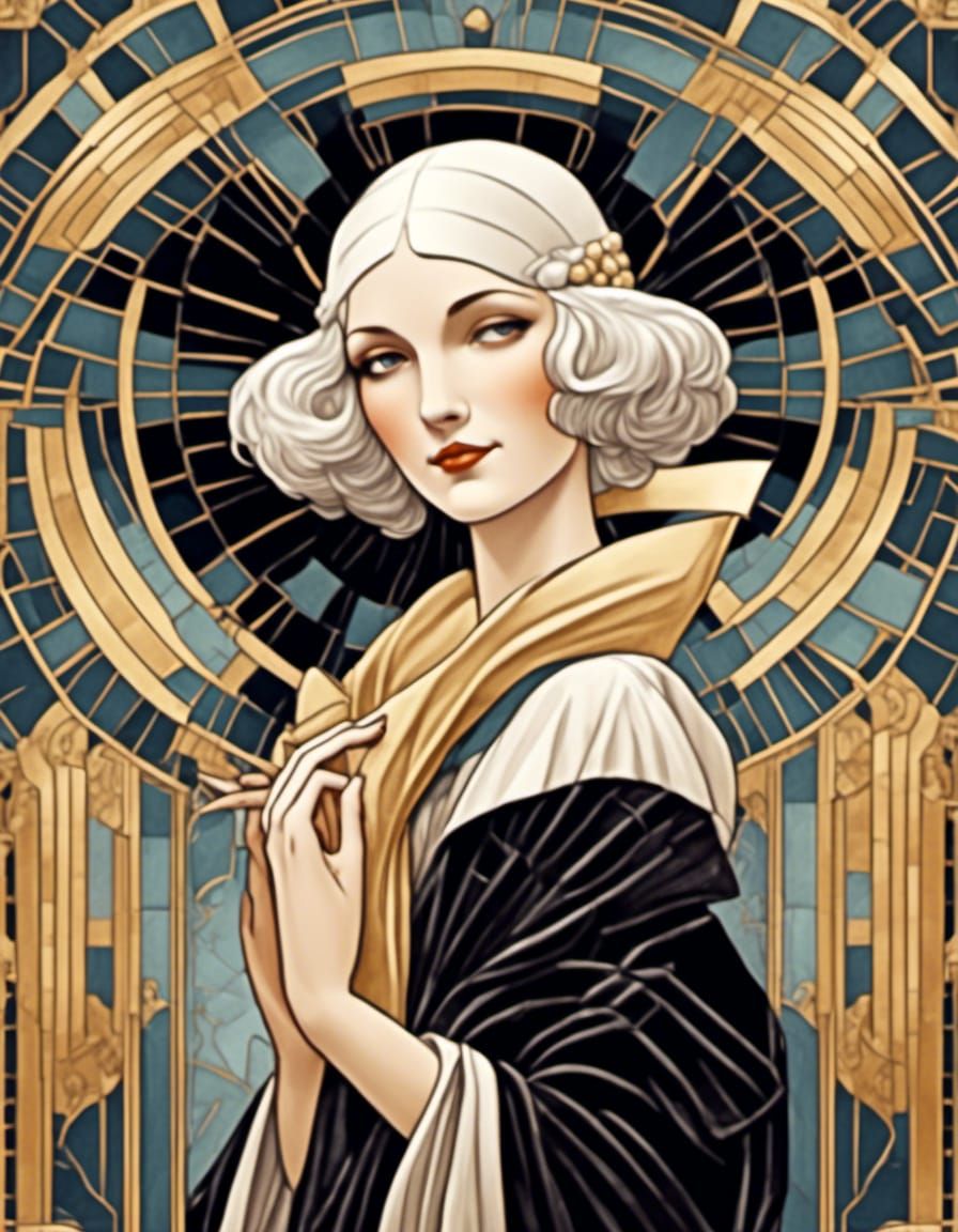 Art Deco Woman with Vermeer Painting, Engraved Illustration