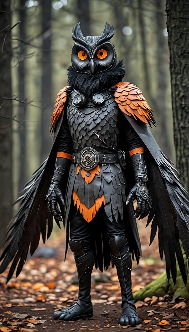 Theif DnD anthropomorphic owlin man slim body with black and...