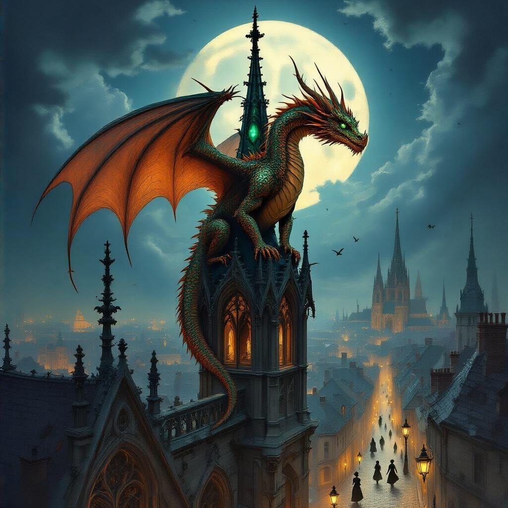 Dragon atop Gothic Cathedral Overlooking Moonlit City