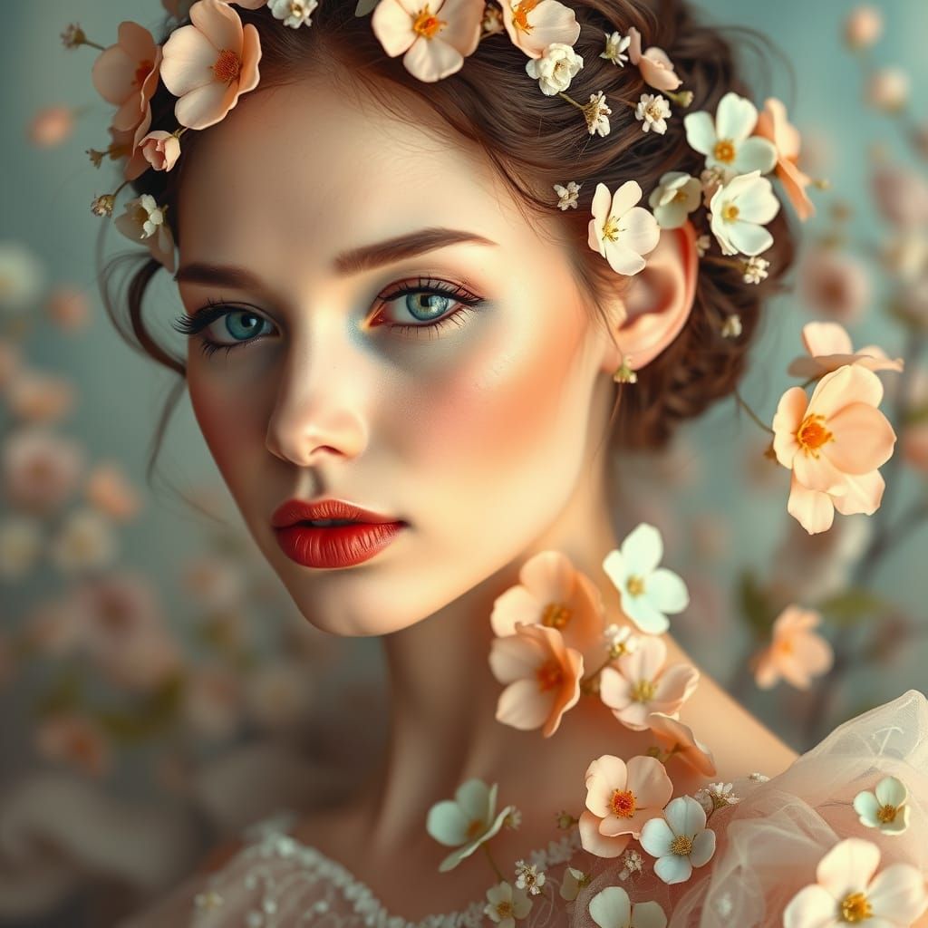 Whimsical Pop Surrealism Portrait of a Woman in a Dreamy Gow...