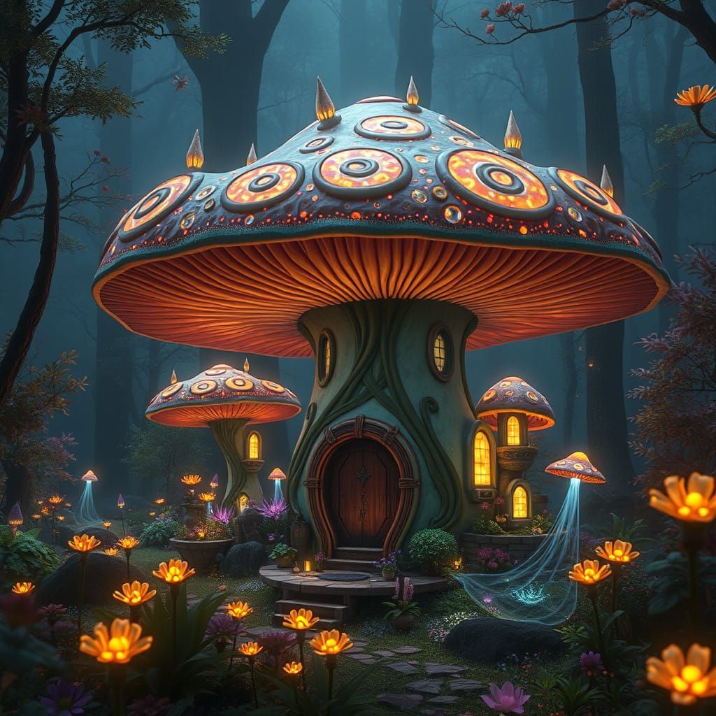 Bioluminescent Mushroom House in an Enchanted Forest