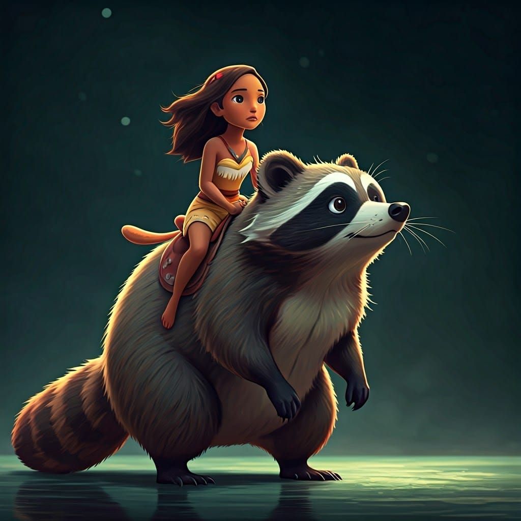 Pocahontas Riding a Racoon in Studio Ghibli Style