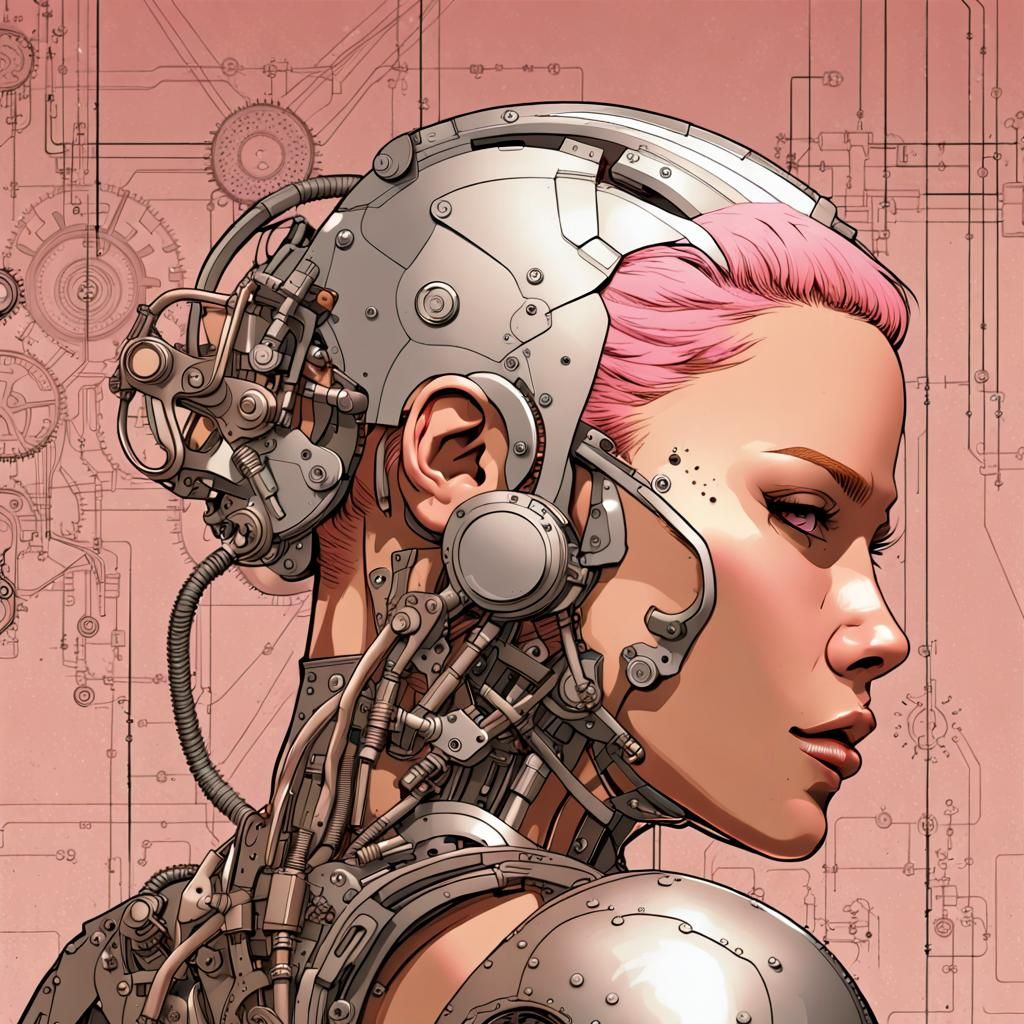 Pink Haired Woman in Bronze and Silver Splash Art