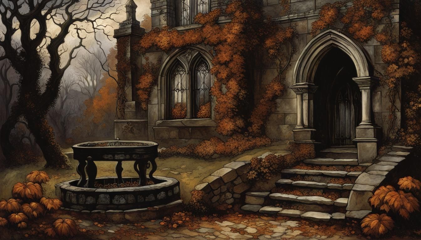 Eerie Gothic Garden Painting in Romantic Style