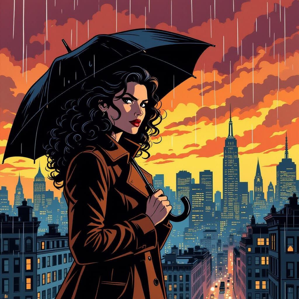 Woman Holding Umbrella in Comic Book Style Cityscape