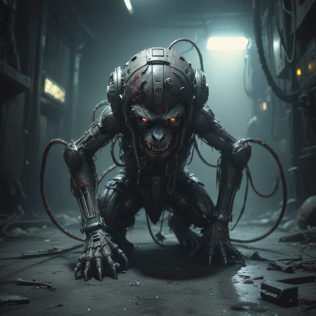 Cybernetic Horror: Creepy Biomechanical Beast in Darkness