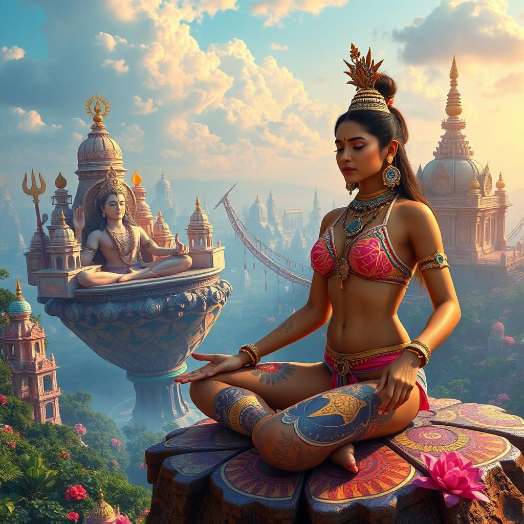 Meditating Woman and Shiva in Sci-Fi Sky Town
