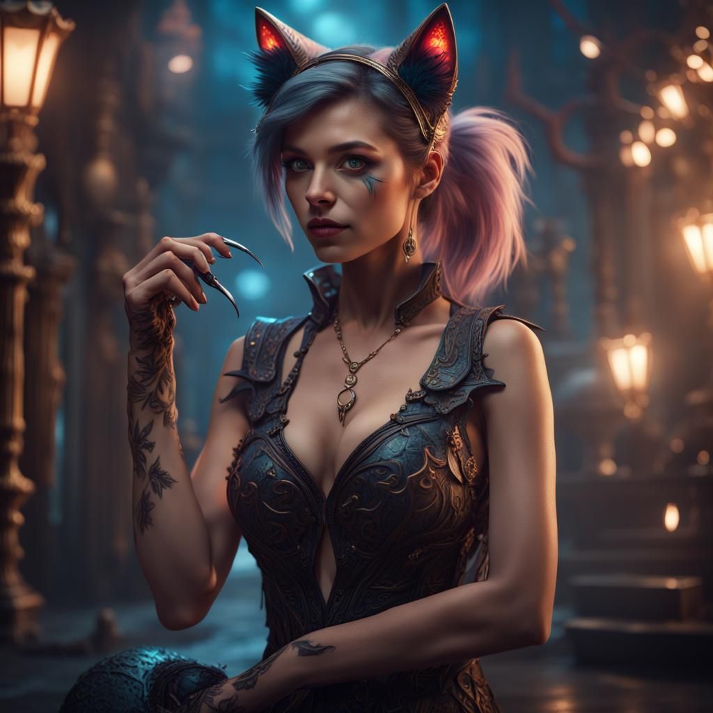 Woman with Cat Features in Detailed Fantasy Art
