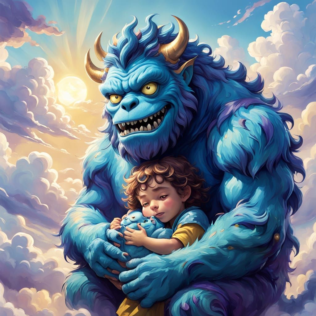 Gentle Blue Monster Cradling Child in Fantasy World