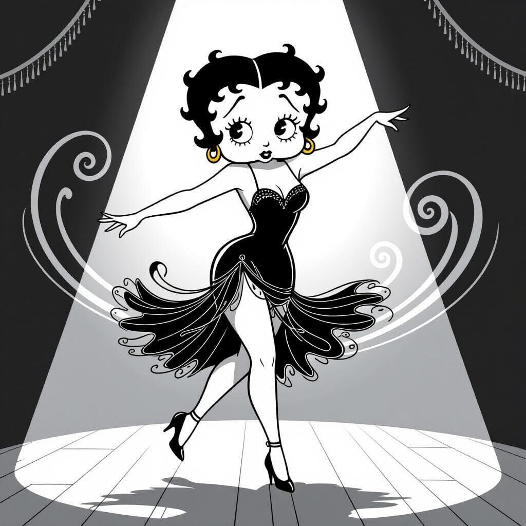 Betty Boop Dancing on Vintage Stage in 1920s Cartoon Style