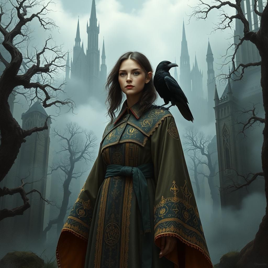 Mysterious Woman with Crow in Dystopian Landscape