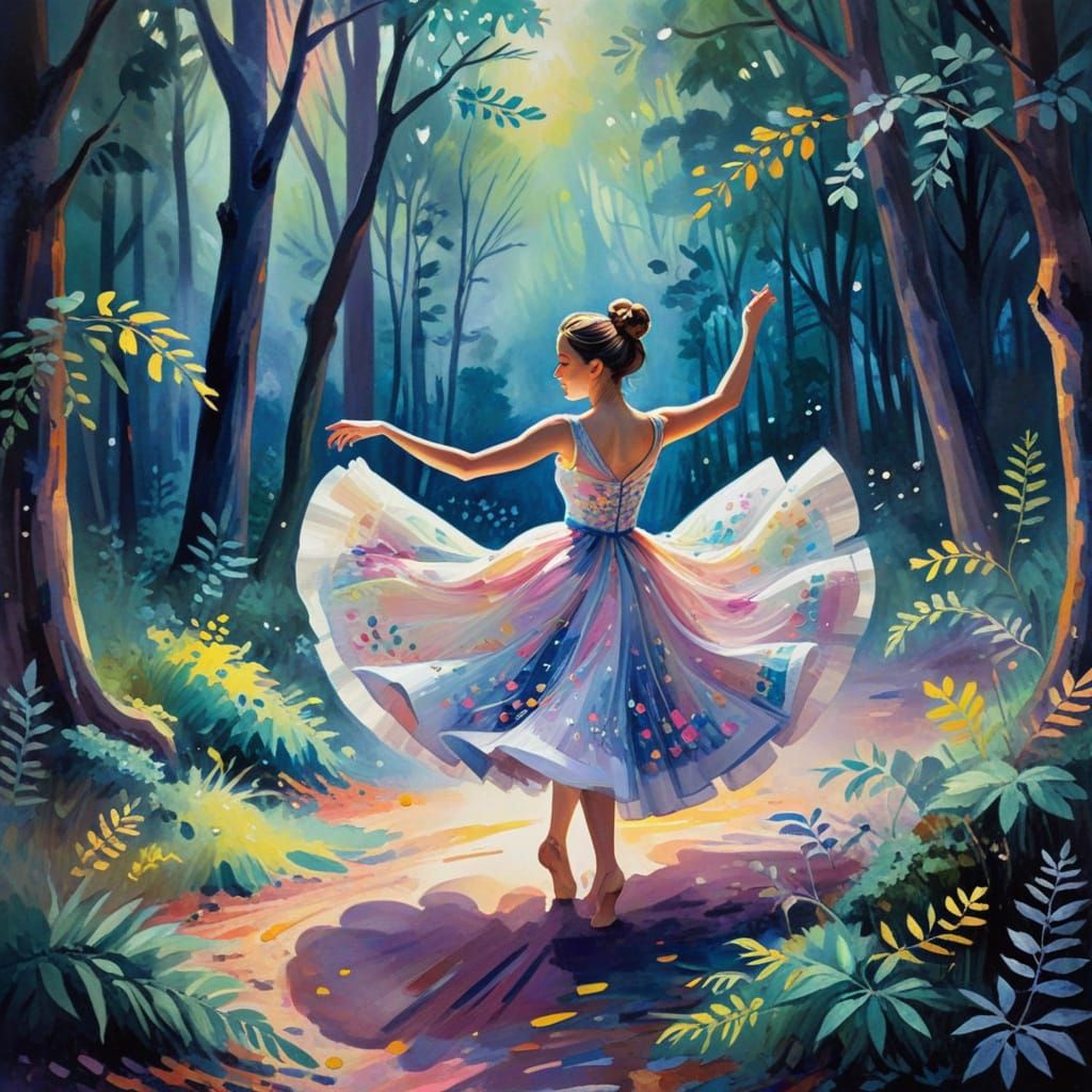 Whimsical Watercolor Dance Scene in a Misty Forest