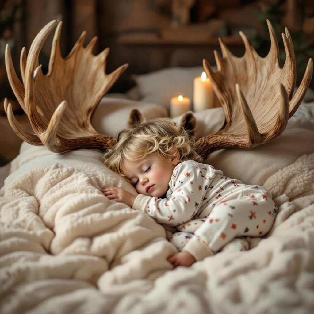 Toddler Sleeping Amongst Moose Antlers: Whimsical Dreamscape