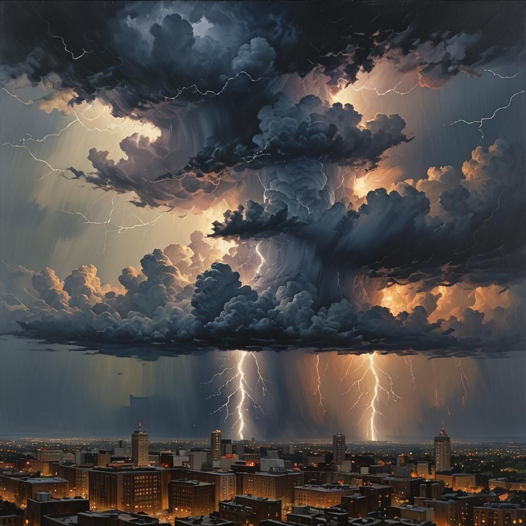 Dramatic Thunderstorm Over Cityscape: Oil Painting