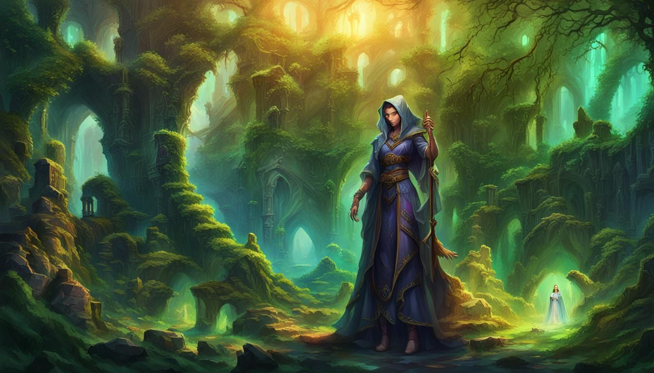 Mystical Sorceress in Ancient Ruins: Oil Painting