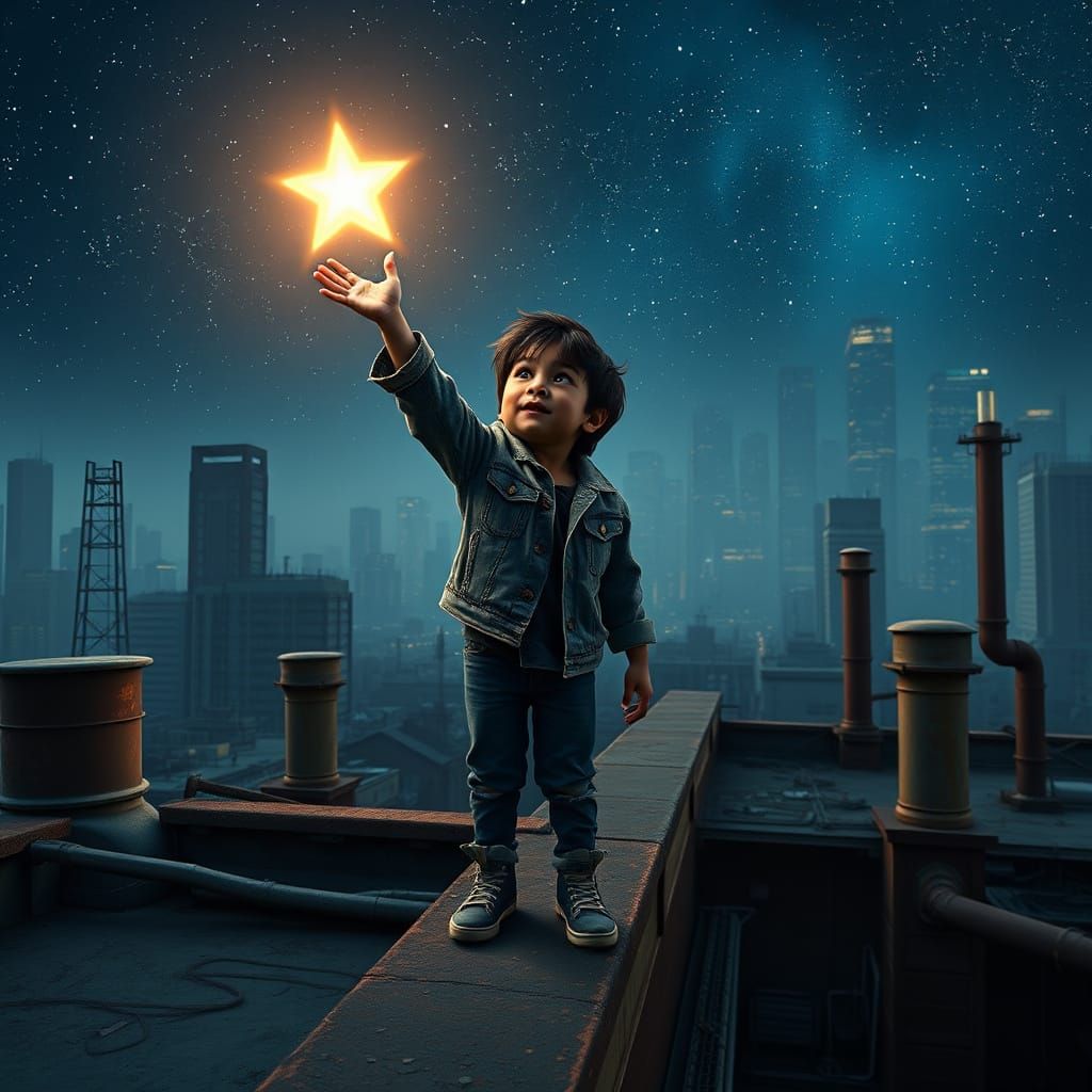 Little Boy Pulls Star into Palm on Rooftop, Girl Behind Look...