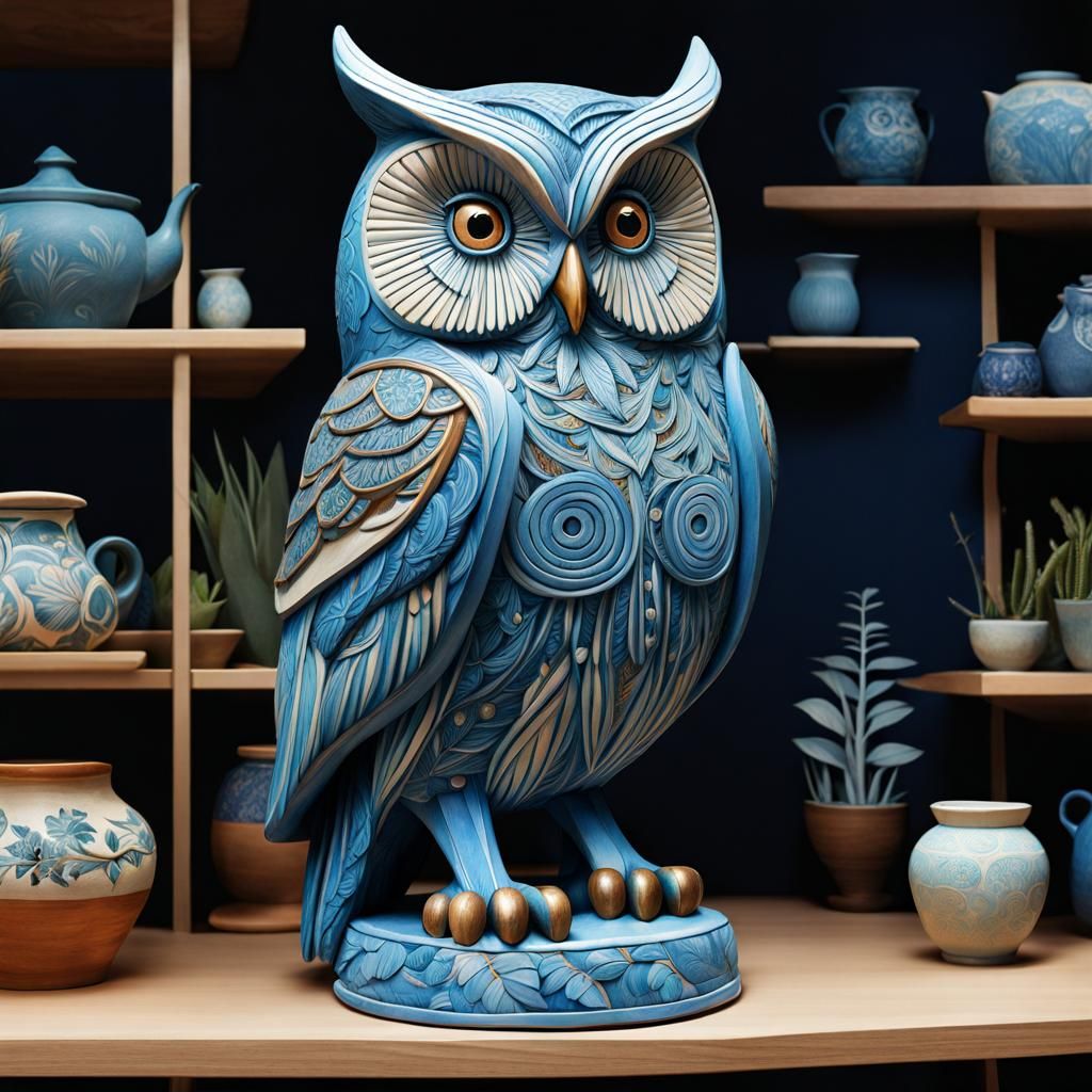 Blue Pottery Owl in Garden Shop
