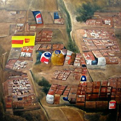Colonial Houses Under Alien Invasion: Oil Painting