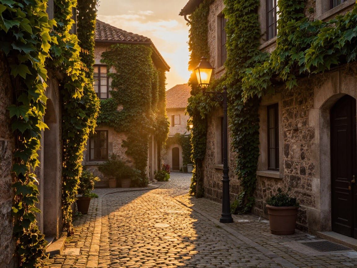 Golden Hour Courtyard in Ancient European Town