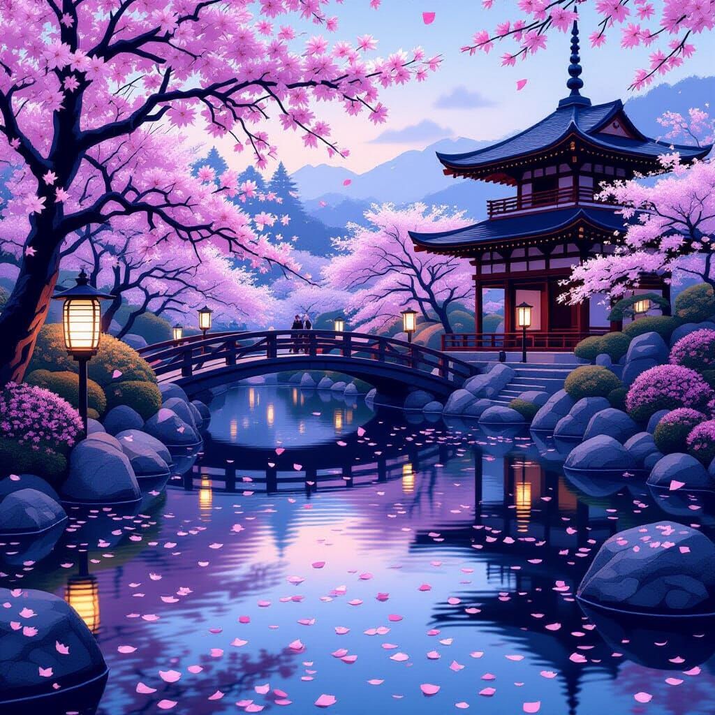 Serene Japanese Garden at Twilight with Falling Petals
