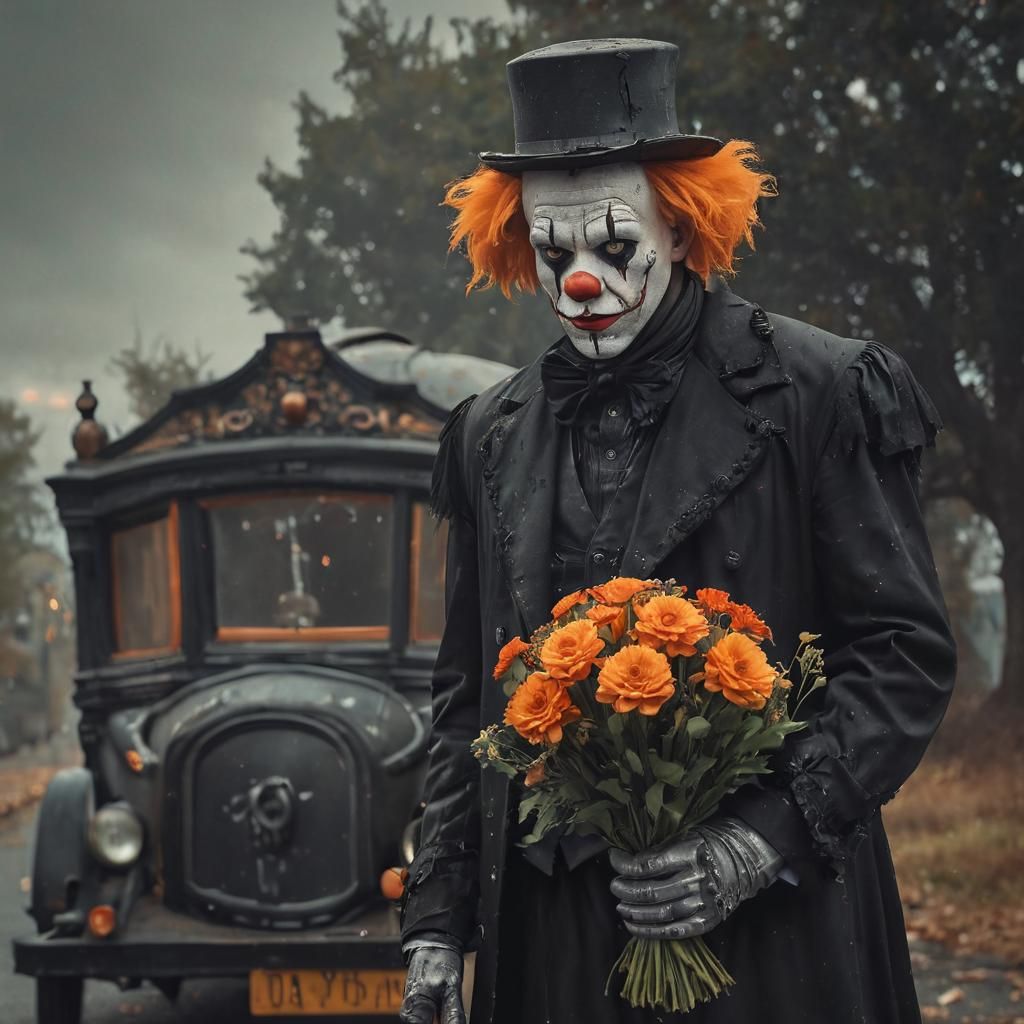 Sad Clown Beside Hearse in Gothic Digital Art