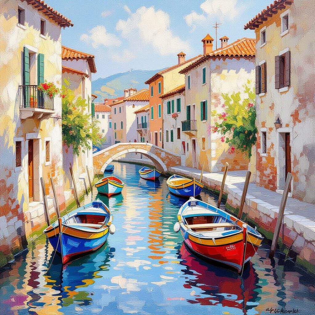 Impressionist Watercolor of Charming Mediterranean Canal Sce...