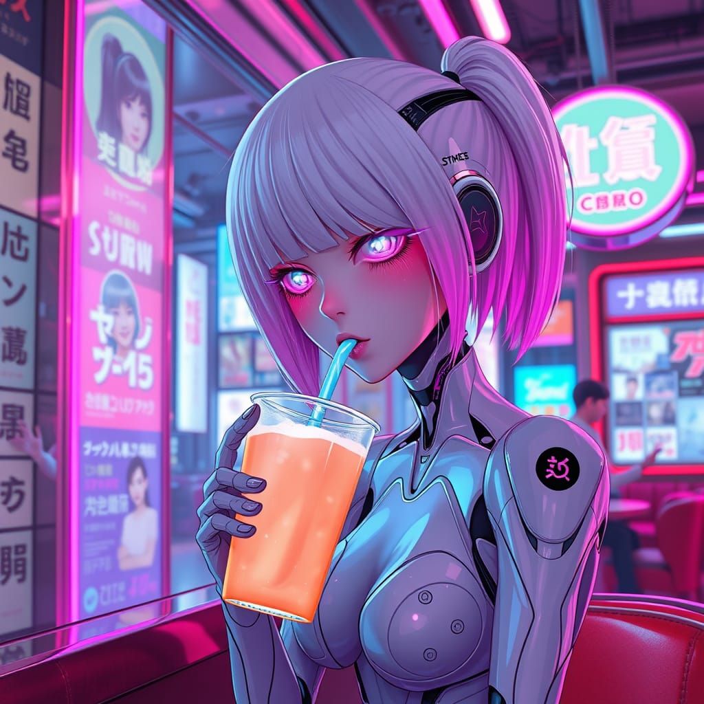 Android in Tokyo Cafe: Vaporwave Aesthetic
