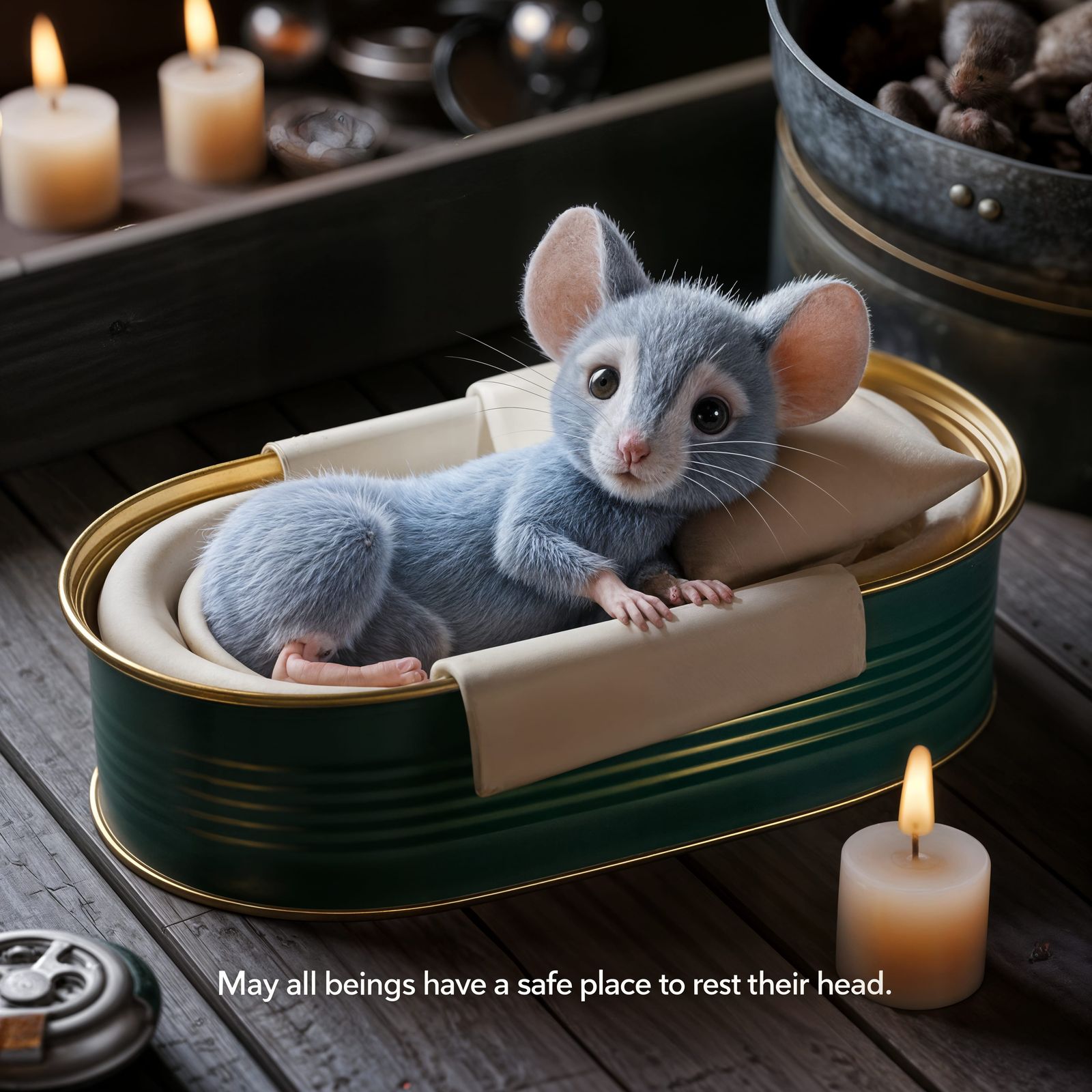 A adorable hyper realistic fuzzy mouse lays in a nice bed ma...