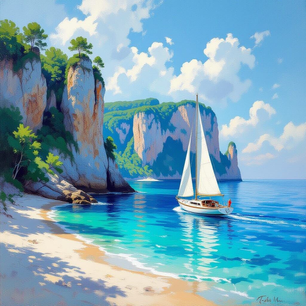 Coastal Scene with Sailboat in Impressionistic Style