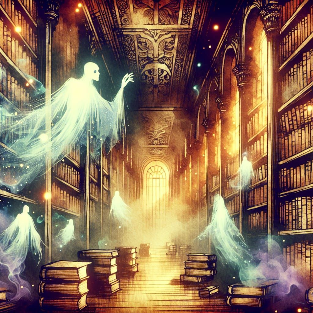 Haunted Library Watercolor & Ukiyo-e Print