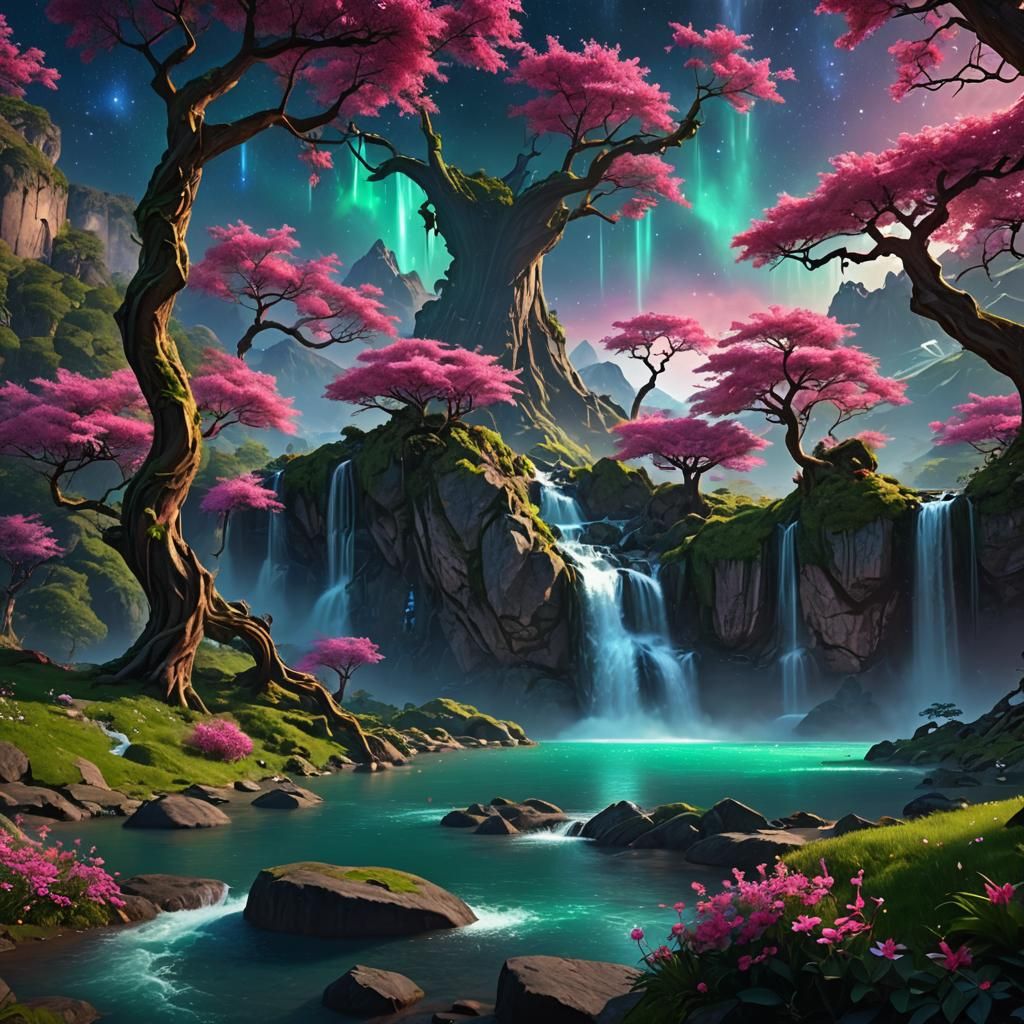 Ethereal Mountain Lake with Waterfalls: Fantasy Concept Art
