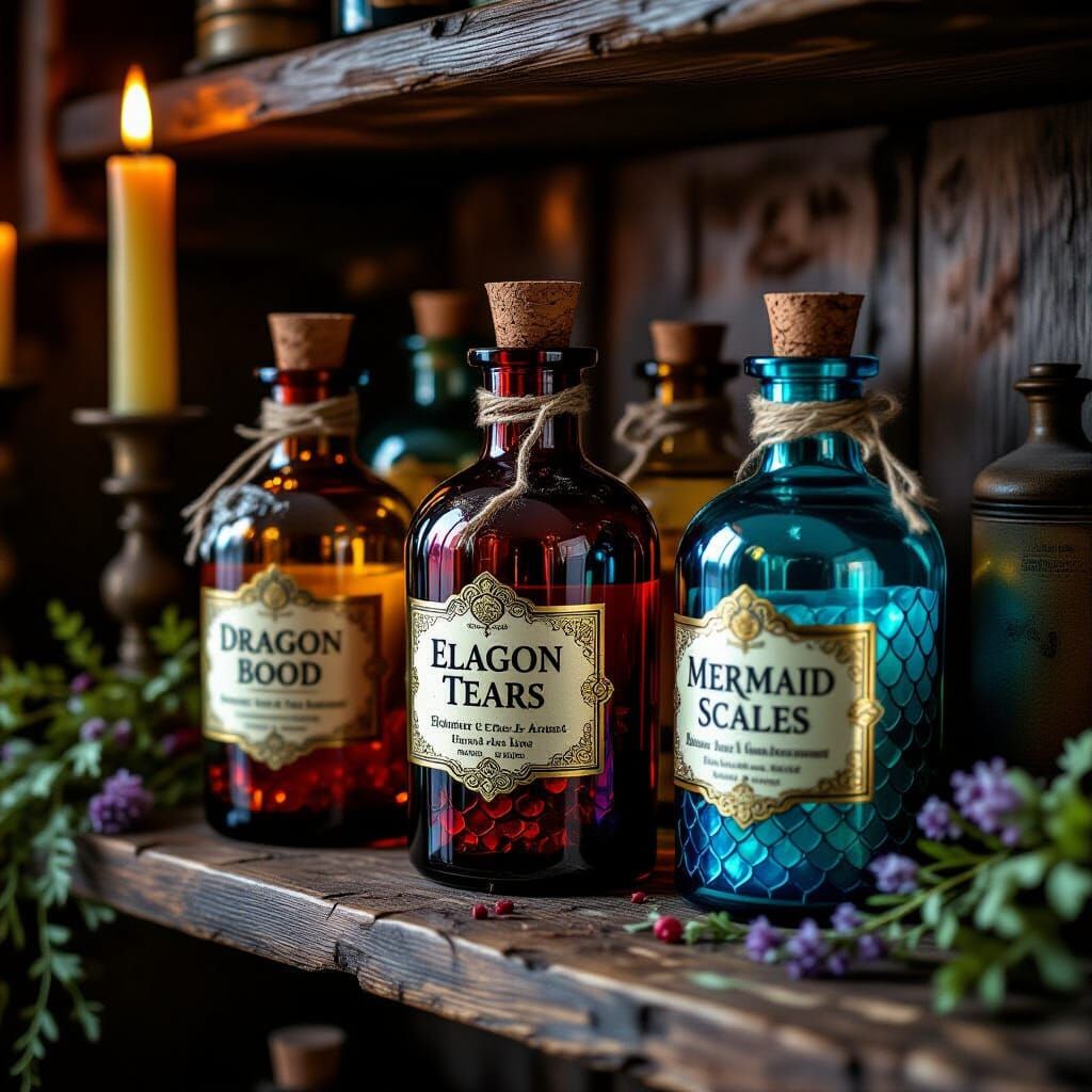 Antique Potion Bottles with Dragon Blood Labels