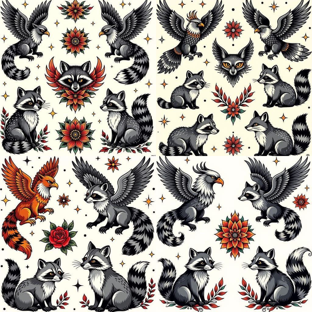 Animal Flash Tattoo Sheet with Griffins and Raccoons