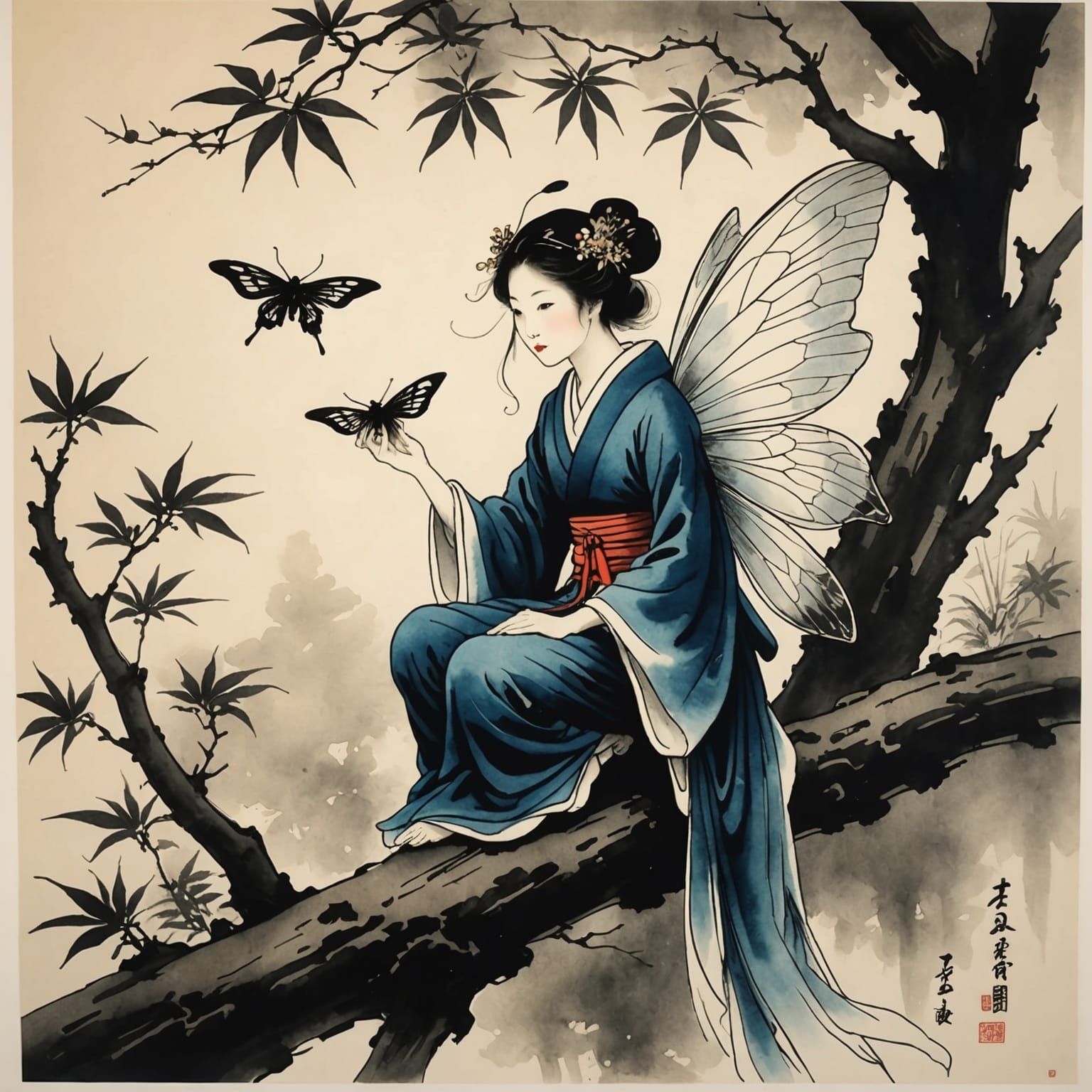 Fairy in Japanese Ink Painting Style