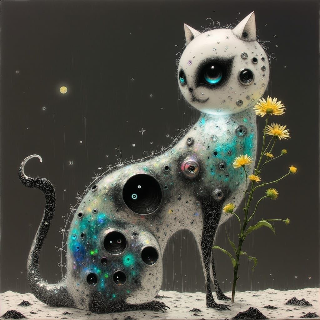 Regal Biomechanical Cat in Sterling Silver and Iridescent En...