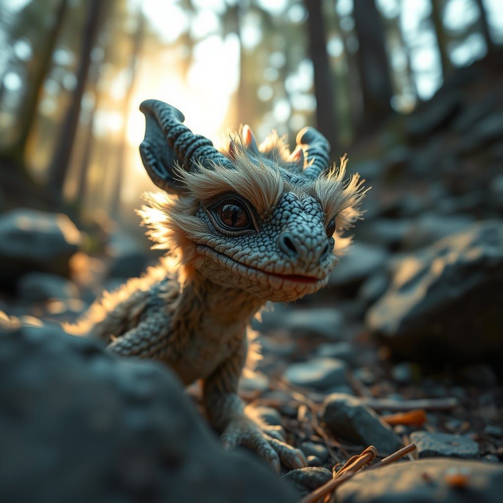 Cute Furry Dragon Portrait in Forest Clearing
