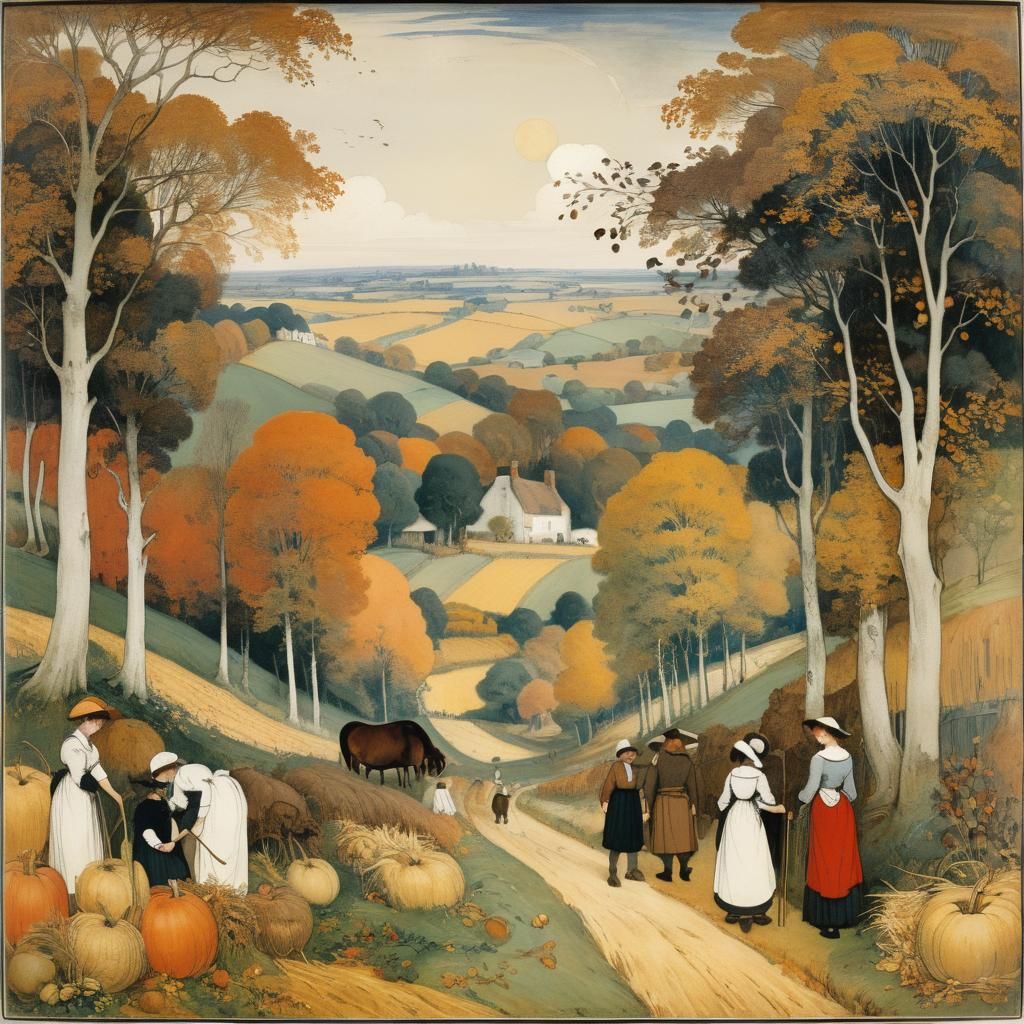 Autumn Harvest Countryside: Romantic Graphic Art